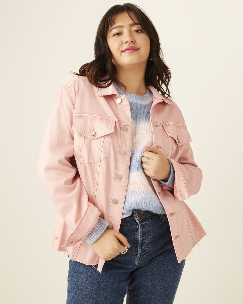 Front of plus size Martha Raw-Hem Denim Jacket by Molly&Isadora | Dia&Co | dia_product_style_image_id:175954